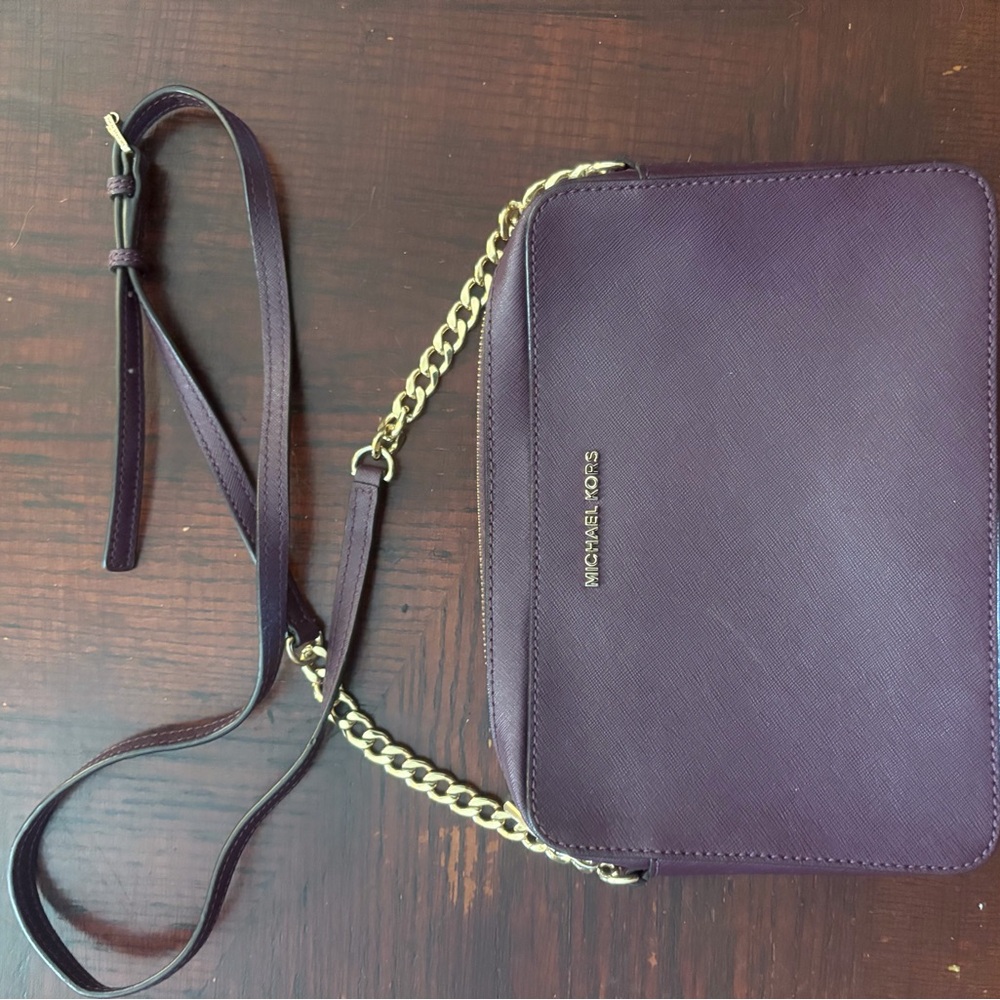Michael Kors Deep Plum Leather Crossbody with Gold Chain Strap